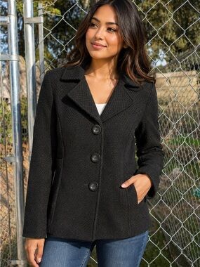 Women’s Black Textured Button Front Peacoat Jacket XS